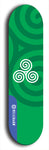 Skateboard deck: Limited edition, North American maple skateboard deck designed by underground artist BellyRash - available widths 7.5 to 8.5 inches in both mellow concave and steep concave shapes. Artwork: popsicle-shaped deck with green background and large Celtic symbol in the middle of the deck