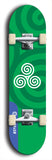 Skateboard deck: Limited edition, North American maple skateboard deck designed by underground artist BellyRash - available widths 7.5 to 8.5 inches in both mellow concave and steep concave shapes. Artwork: popsicle-shaped deck with green background and large Celtic symbol in the middle of the deck