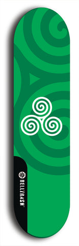 Skateboard deck: Limited edition, North American maple skateboard deck designed by underground artist BellyRash - available widths 7.5 to 8.5 inches in both mellow concave and steep concave shapes. Artwork: popsicle-shaped deck with green background and large Celtic symbol in the middle of the deck