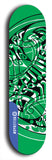 Skateboard deck: Limited edition, North American maple skateboard deck designed by underground artist BellyRash - available widths 7.5 to 8.5 inches in both mellow concave and steep concave shapes. Artwork: popsicle-shaped deck with green background and large Celtic symbol in the middle of the deck