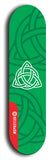 Skateboard deck: Limited edition, North American maple skateboard deck designed by underground artist BellyRash - available widths 7.5 to 8.5 inches in both mellow concave and steep concave shapes. Artwork: popsicle-shaped deck with green background and large Celtic symbol in the middle of the deck