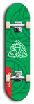 Skateboard deck: Limited edition, North American maple skateboard deck designed by underground artist BellyRash - available widths 7.5 to 8.5 inches in both mellow concave and steep concave shapes. Artwork: popsicle-shaped deck with green background and large Celtic symbol in the middle of the deck