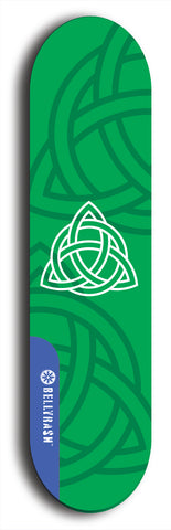 Skateboard deck: Limited edition, North American maple skateboard deck designed by underground artist BellyRash - available widths 7.5 to 8.5 inches in both mellow concave and steep concave shapes. Artwork: popsicle-shaped deck with green background and large Celtic symbol in the middle of the deck