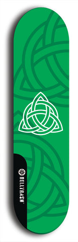 Skateboard deck: Limited edition, North American maple skateboard deck designed by underground artist BellyRash - available widths 7.5 to 8.5 inches in both mellow concave and steep concave shapes. Artwork: popsicle-shaped deck with green background and large Celtic symbol in the middle of the deck