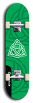 Skateboard deck: Limited edition, North American maple skateboard deck designed by underground artist BellyRash - available widths 7.5 to 8.5 inches in both mellow concave and steep concave shapes. Artwork: popsicle-shaped deck with green background and large Celtic symbol in the middle of the deck