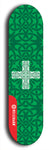 Skateboard deck: Limited edition, North American maple skateboard deck designed by underground artist BellyRash - available widths 7.5 to 8.5 inches in both mellow concave and steep concave shapes. Artwork: popsicle-shaped deck with green background and large Celtic symbol in the middle of the deck