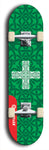 Skateboard deck: Limited edition, North American maple skateboard deck designed by underground artist BellyRash - available widths 7.5 to 8.5 inches in both mellow concave and steep concave shapes. Artwork: popsicle-shaped deck with green background and large Celtic symbol in the middle of the deck