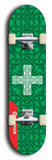 Skateboard deck: Limited edition, North American maple skateboard deck designed by underground artist BellyRash - available widths 7.5 to 8.5 inches in both mellow concave and steep concave shapes. Artwork: popsicle-shaped deck with green background and large Celtic symbol in the middle of the deck