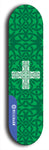 Skateboard deck: Limited edition, North American maple skateboard deck designed by underground artist BellyRash - available widths 7.5 to 8.5 inches in both mellow concave and steep concave shapes. Artwork: popsicle-shaped deck with green background and large Celtic symbol in the middle of the deck