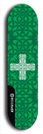 Skateboard deck: Limited edition, North American maple skateboard deck designed by underground artist BellyRash - available widths 7.5 to 8.5 inches in both mellow concave and steep concave shapes. Artwork: popsicle-shaped deck with green background and large Celtic symbol in the middle of the deck