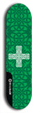 Skateboard deck: Limited edition, North American maple skateboard deck designed by underground artist BellyRash - available widths 7.5 to 8.5 inches in both mellow concave and steep concave shapes. Artwork: popsicle-shaped deck with green background and large Celtic symbol in the middle of the deck