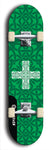 Skateboard deck: Limited edition, North American maple skateboard deck designed by underground artist BellyRash - available widths 7.5 to 8.5 inches in both mellow concave and steep concave shapes. Artwork: popsicle-shaped deck with green background and large Celtic symbol in the middle of the deck