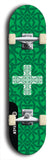 Skateboard deck: Limited edition, North American maple skateboard deck designed by underground artist BellyRash - available widths 7.5 to 8.5 inches in both mellow concave and steep concave shapes. Artwork: popsicle-shaped deck with green background and large Celtic symbol in the middle of the deck