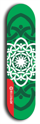 Skateboard deck: Limited edition, North American maple skateboard deck designed by underground artist BellyRash - available widths 7.5 to 8.5 inches in both mellow concave and steep concave shapes. Artwork: popsicle-shaped deck with green background and large Celtic symbol in the middle of the deck