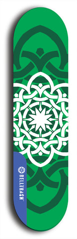 Skateboard deck: Limited edition, North American maple skateboard deck designed by underground artist BellyRash - available widths 7.5 to 8.5 inches in both mellow concave and steep concave shapes. Artwork: popsicle-shaped deck with green background and large Celtic symbol in the middle of the deck