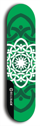 Skateboard deck: Limited edition, North American maple skateboard deck designed by underground artist BellyRash - available widths 7.5 to 8.5 inches in both mellow concave and steep concave shapes. Artwork: popsicle-shaped deck with green background and large Celtic symbol in the middle of the deck