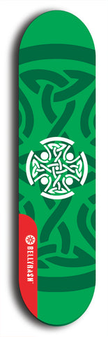 Skateboard deck: Limited edition, North American maple skateboard deck designed by underground artist BellyRash - available widths 7.5 to 8.5 inches in both mellow concave and steep concave shapes. Artwork: popsicle-shaped deck with green background and large Celtic symbol in the middle of the deck