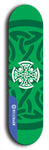 Skateboard deck: Limited edition, North American maple skateboard deck designed by underground artist BellyRash - available widths 7.5 to 8.5 inches in both mellow concave and steep concave shapes. Artwork: popsicle-shaped deck with green background and large Celtic symbol in the middle of the deck