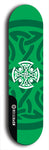 Skateboard deck: Limited edition, North American maple skateboard deck designed by underground artist BellyRash - available widths 7.5 to 8.5 inches in both mellow concave and steep concave shapes. Artwork: popsicle-shaped deck with green background and large Celtic symbol in the middle of the deck