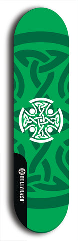 Skateboard deck: Limited edition, North American maple skateboard deck designed by underground artist BellyRash - available widths 7.5 to 8.5 inches in both mellow concave and steep concave shapes. Artwork: popsicle-shaped deck with green background and large Celtic symbol in the middle of the deck