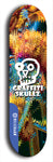 Skateboard deck: Limited edition, North American maple skateboard deck designed by underground artist BellyRash - available widths 7.5 to 8.5 inches in both mellow concave and steep concave shapes. Artwork: GRAFFITI SKULLZ logo brand popsicle-shaped deck with graffiti or street art background