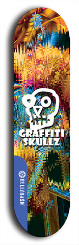 Skateboard deck: Limited edition, North American maple skateboard deck designed by underground artist BellyRash - available widths 7.5 to 8.5 inches in both mellow concave and steep concave shapes. Artwork: GRAFFITI SKULLZ logo brand popsicle-shaped deck with graffiti or street art background