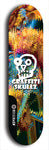 Skateboard deck: Limited edition, North American maple skateboard deck designed by underground artist BellyRash - available widths 7.5 to 8.5 inches in both mellow concave and steep concave shapes. Artwork: GRAFFITI SKULLZ logo brand popsicle-shaped deck with graffiti or street art background