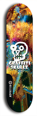 Skateboard deck: Limited edition, North American maple skateboard deck designed by underground artist BellyRash - available widths 7.5 to 8.5 inches in both mellow concave and steep concave shapes. Artwork: GRAFFITI SKULLZ logo brand popsicle-shaped deck with graffiti or street art background