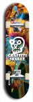 Skateboard deck: Limited edition, North American maple skateboard deck designed by underground artist BellyRash - available widths 7.5 to 8.5 inches in both mellow concave and steep concave shapes. Artwork: GRAFFITI SKULLZ logo brand popsicle-shaped deck with graffiti or street art background
