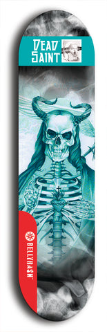 Skateboard deck: Limited edition, North American maple skateboard deck designed by underground artist BellyRash - available widths 7.5 to 8.5 inches in both mellow concave and steep concave shapes. Artwork: DEAD SAINT logo brand popsicle-shaped deck 