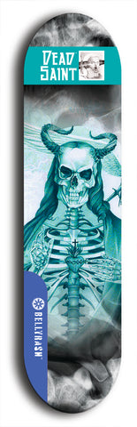 Skateboard deck: Limited edition, North American maple skateboard deck designed by underground artist BellyRash - available widths 7.5 to 8.5 inches in both mellow concave and steep concave shapes. Artwork: DEAD SAINT logo brand popsicle-shaped deck 