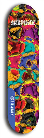 Skateboard deck: Limited edition, North American maple skateboard deck designed by underground artist BellyRash - available widths 7.5 to 8.5 inches in both mellow concave and steep concave shapes. Artwork: SK8PUNX logo brand popsicle-shaped deck