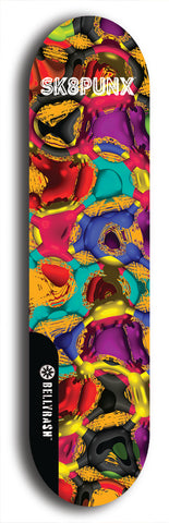 Skateboard deck: Limited edition, North American maple skateboard deck designed by underground artist BellyRash - available widths 7.5 to 8.5 inches in both mellow concave and steep concave shapes. Artwork: SK8PUNX logo brand popsicle-shaped deck