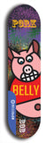 Limited edition, North American maple skateboard deck designed by underground artist BellyRash -- available in widths 7.5 to 8.5 inches in both mellow concave and steep concave shapes. Artwork: PORK BELLY BOB brand popsicle-shaped skateboard deck with a varied, multi-colored background