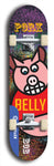 Limited edition, North American maple skateboard deck designed by underground artist BellyRash -- available in widths 7.5 to 8.5 inches in both mellow concave and steep concave shapes. Artwork: PORK BELLY BOB brand popsicle-shaped skateboard deck with a varied, multi-colored background