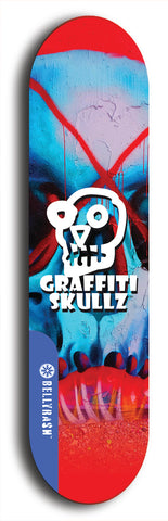 Skateboard deck: Limited edition, North American maple skateboard deck designed by underground artist BellyRash - available widths 7.5 to 8.5 inches in both mellow concave and steep concave shapes. Artwork: GRAFFITI SKULLZ logo brand popsicle-shaped deck with graffiti or street art background