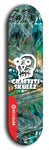 Skateboard deck: Limited edition, North American maple skateboard deck designed by underground artist BellyRash - available widths 7.5 to 8.5 inches in both mellow concave and steep concave shapes. Artwork: GRAFFITI SKULLZ logo brand popsicle-shaped deck with graffiti or street art background