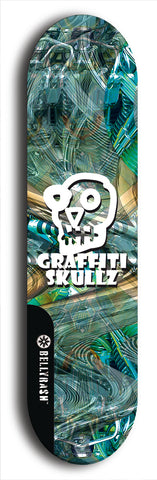 Skateboard deck: Limited edition, North American maple skateboard deck designed by underground artist BellyRash - available widths 7.5 to 8.5 inches in both mellow concave and steep concave shapes. Artwork: GRAFFITI SKULLZ logo brand popsicle-shaped deck with graffiti or street art background