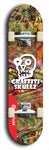 Skateboard deck: Limited edition, North American maple skateboard deck designed by underground artist BellyRash - available widths 7.5 to 8.5 inches in both mellow concave and steep concave shapes. Artwork: GRAFFITI SKULLZ logo brand popsicle-shaped deck with graffiti or street art background