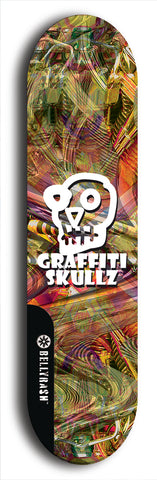 Skateboard deck: Limited edition, North American maple skateboard deck designed by underground artist BellyRash - available widths 7.5 to 8.5 inches in both mellow concave and steep concave shapes. Artwork: GRAFFITI SKULLZ logo brand popsicle-shaped deck with graffiti or street art background