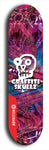 Skateboard deck: Limited edition, North American maple skateboard deck designed by underground artist BellyRash - available widths 7.5 to 8.5 inches in both mellow concave and steep concave shapes. Artwork: GRAFFITI SKULLZ logo brand popsicle-shaped deck with graffiti or street art background