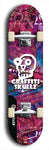 Skateboard deck: Limited edition, North American maple skateboard deck designed by underground artist BellyRash - available widths 7.5 to 8.5 inches in both mellow concave and steep concave shapes. Artwork: GRAFFITI SKULLZ logo brand popsicle-shaped deck with graffiti or street art background