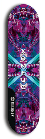 Skateboard deck: Limited edition, North American maple skateboard deck designed by underground artist BellyRash - available widths 7.5 to 8.5 inches in both mellow concave and steep concave shapes. Artwork: XOMFUG logo brand popsicle-shaped deck