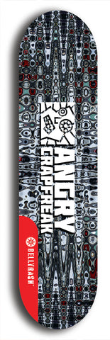Skateboard deck: Limited edition, North American maple skateboard deck designed by underground artist BellyRash - available widths 7.5 to 8.5 inches in both mellow concave and steep concave shapes. Artwork: ANGRY CRAPFREAK brand popsicle-shaped with a multi-colored patterned background