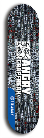 Skateboard deck: Limited edition, North American maple skateboard deck designed by underground artist BellyRash - available widths 7.5 to 8.5 inches in both mellow concave and steep concave shapes. Artwork: ANGRY CRAPFREAK brand popsicle-shaped with a multi-colored patterned background