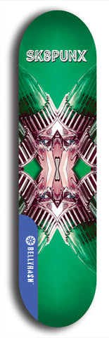 Skateboard deck: Limited edition, North American maple skateboard deck designed by underground artist BellyRash - available widths 7.5 to 8.5 inches in both mellow concave and steep concave shapes. Artwork: SK8PUNX logo brand popsicle-shaped deck