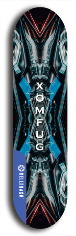 Skateboard deck: Limited edition, North American maple skateboard deck designed by underground artist BellyRash - available widths 7.5 to 8.5 inches in both mellow concave and steep concave shapes. Artwork: XOMFUG logo brand popsicle-shaped deck