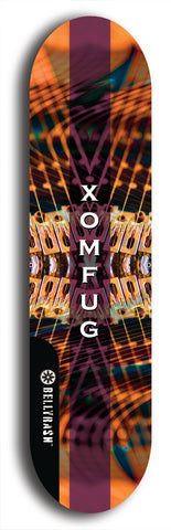 Skateboard deck: Limited edition, North American maple skateboard deck designed by underground artist BellyRash - available widths 7.5 to 8.5 inches in both mellow concave and steep concave shapes. Artwork: XOMFUG logo brand popsicle-shaped deck