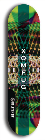 Skateboard deck: Limited edition, North American maple skateboard deck designed by underground artist BellyRash - available widths 7.5 to 8.5 inches in both mellow concave and steep concave shapes. Artwork: XOMFUG logo brand popsicle-shaped deck