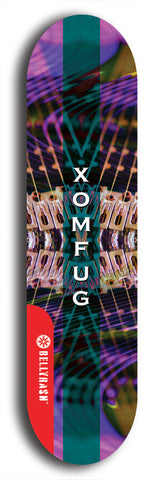 Skateboard deck: Limited edition, North American maple skateboard deck designed by underground artist BellyRash - available widths 7.5 to 8.5 inches in both mellow concave and steep concave shapes. Artwork: XOMFUG logo brand popsicle-shaped deck